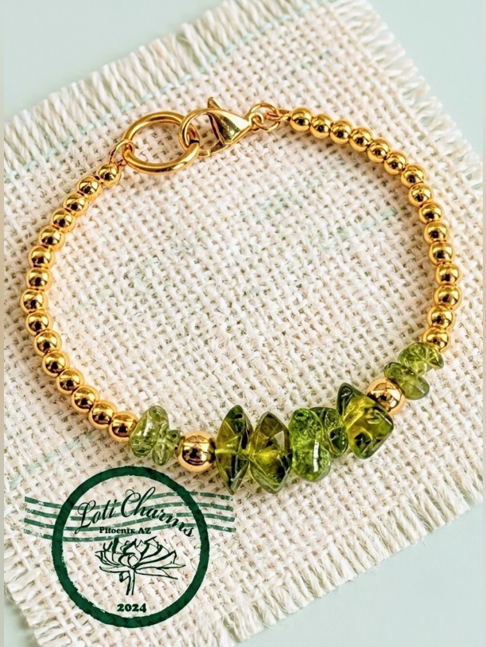Natural Bright Green San Carlos Peridot Chips & Gold Spacer Beads Bracelet